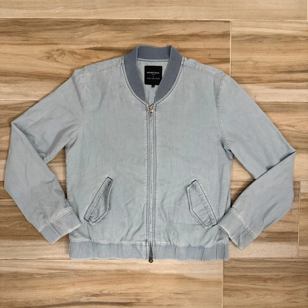 Earnest Sewn x Avec Les Filles Light Wash Denim Bomber Jacket Mens Medium Blue